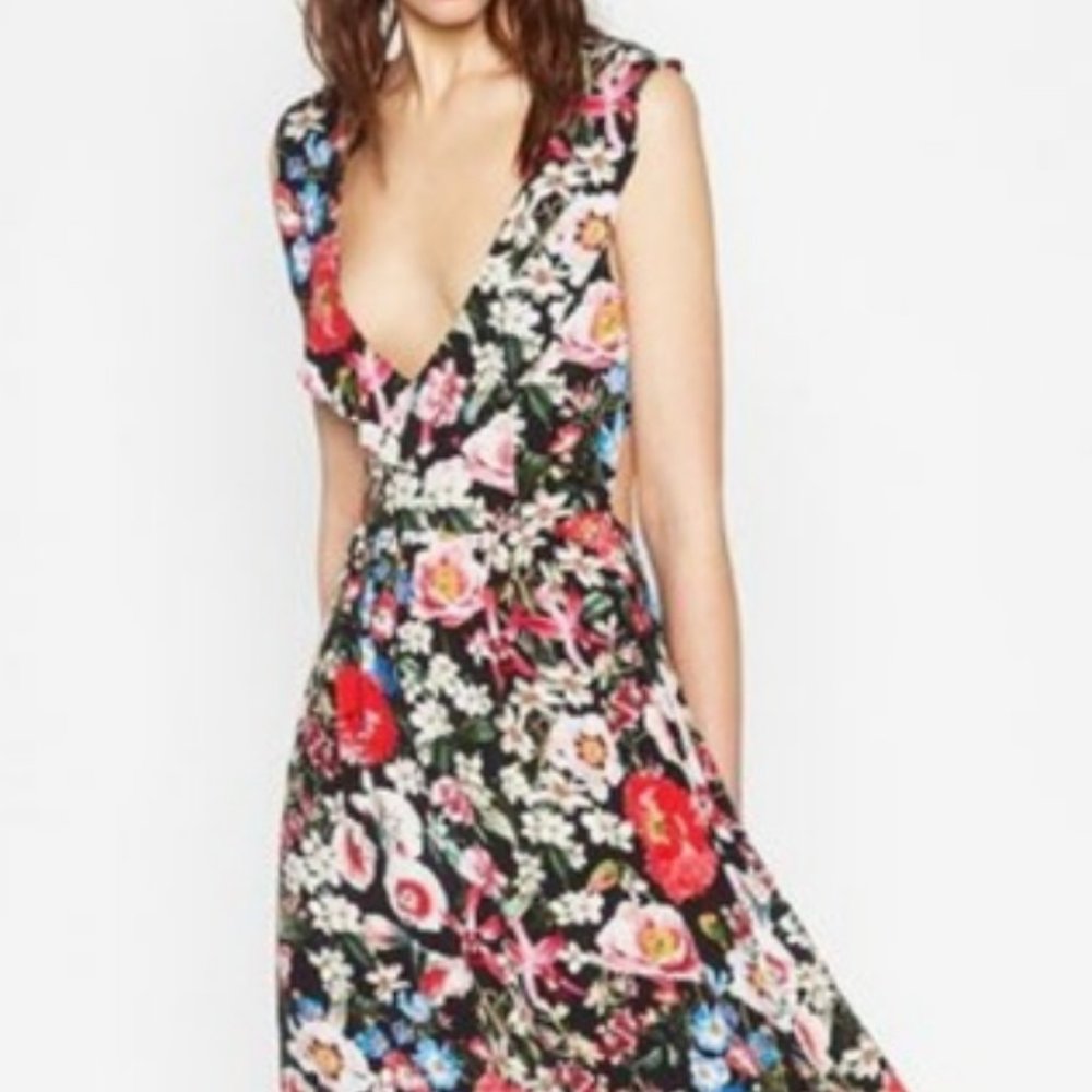 ISO ZARA black floral midi dress